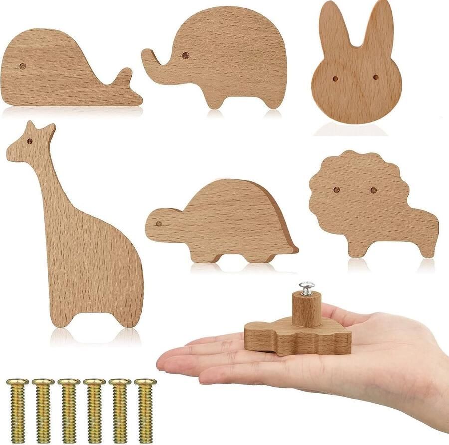 Houten Dierlijke Meubelknoppen Set van 6 Natuurlijke Hout