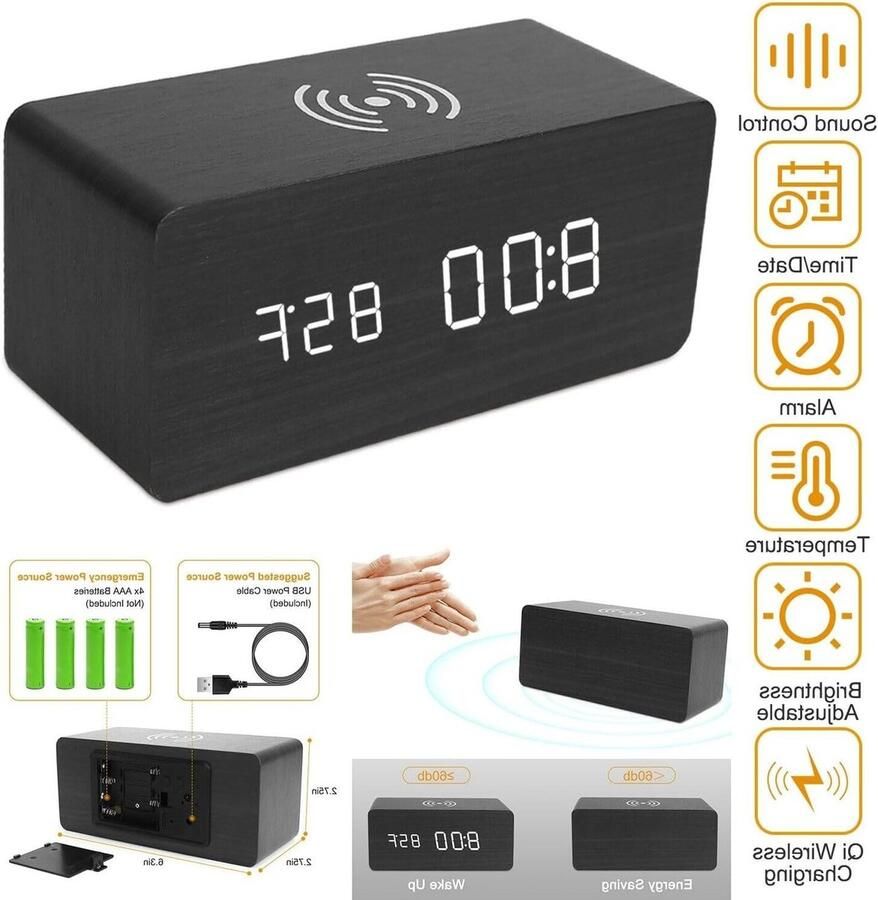 Houten digitale wekker elektronische LED-tijdweergave 3 wekkerinstellingen draadloos opladen elektrische klok met temperatuurdetectie voor nachtkastje en kantoor