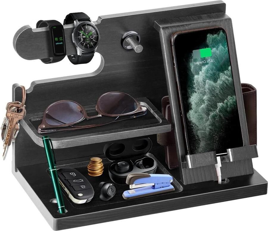 Houten Dockingstation Organizer voor Nachtkastje met Sleutelhouder Cadeau voor Echtgenoot Vaderdagcadeau Beside shelf - Foto 2