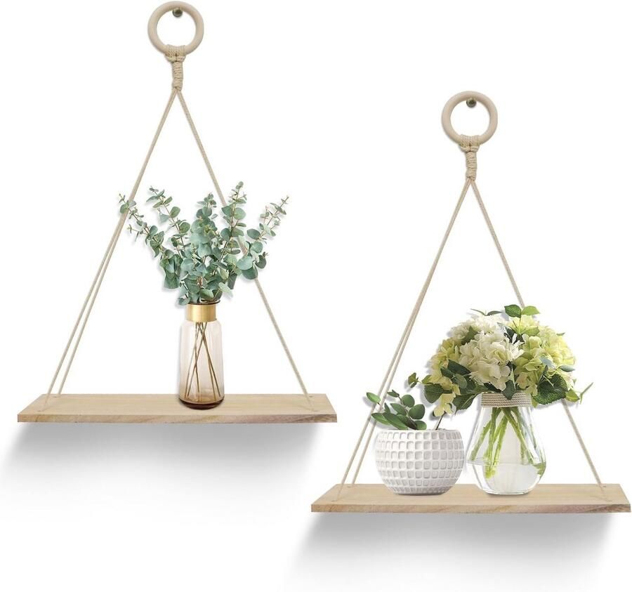 Houten Drijvende Planken met Touw Set van 2 voor Wanddecoratie in Woonkamer Badkamer en Slaapkamer