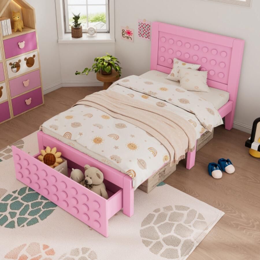 Houten eenpersoonsbed 90x190 cm kinderbed met creatief blokkendesign massief houten bedframe met lattenbodem met lades en opbergruimte onder het bed roze zonder matras