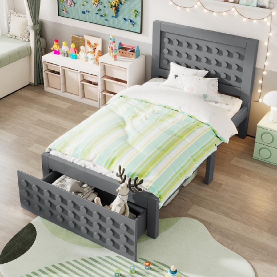 Houten eenpersoonsbed 90x200 cm kinderbed met creatief blokkendesign massief houten bedframe met lattenbodem met lades en opbergruimte onder het bed grijs zonder matras