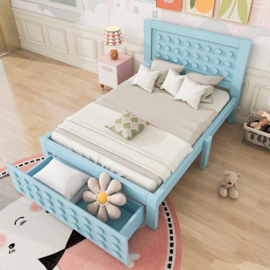 Houten eenpersoonsbed 90x200cm kinderbedje met creatief blokkendesign massief houten bedframe met lattenbodem met lades en opbergruimte onder het bed matras niet inbegrepen