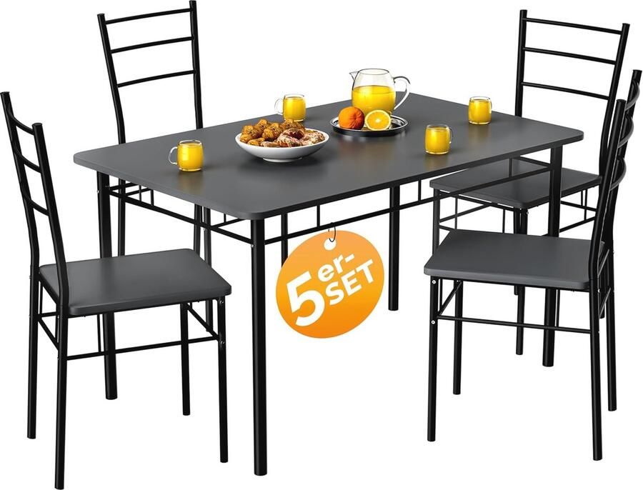 Houten Eetkamerset voor 4 Personen Eettafel en Stoelen Metaal Industrieel Modern