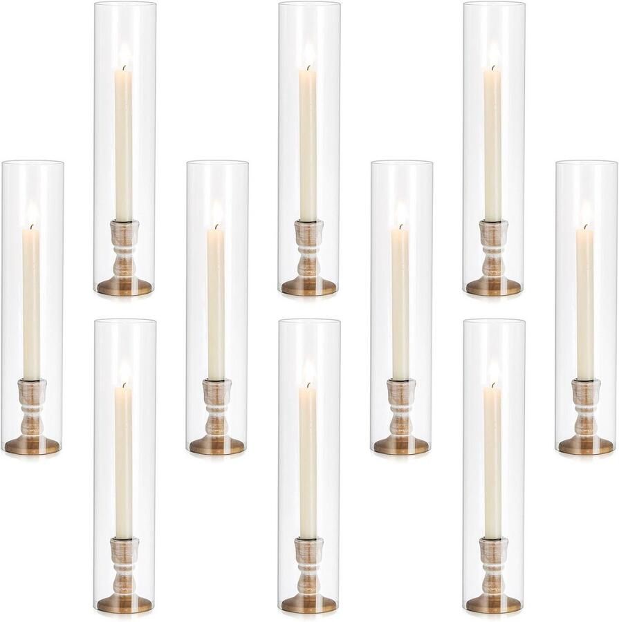 Houten en Glazen Kaarsenhouders Set van 10 – Elegante Kandelaars voor Tafel Middelpunt en Bruiloften
