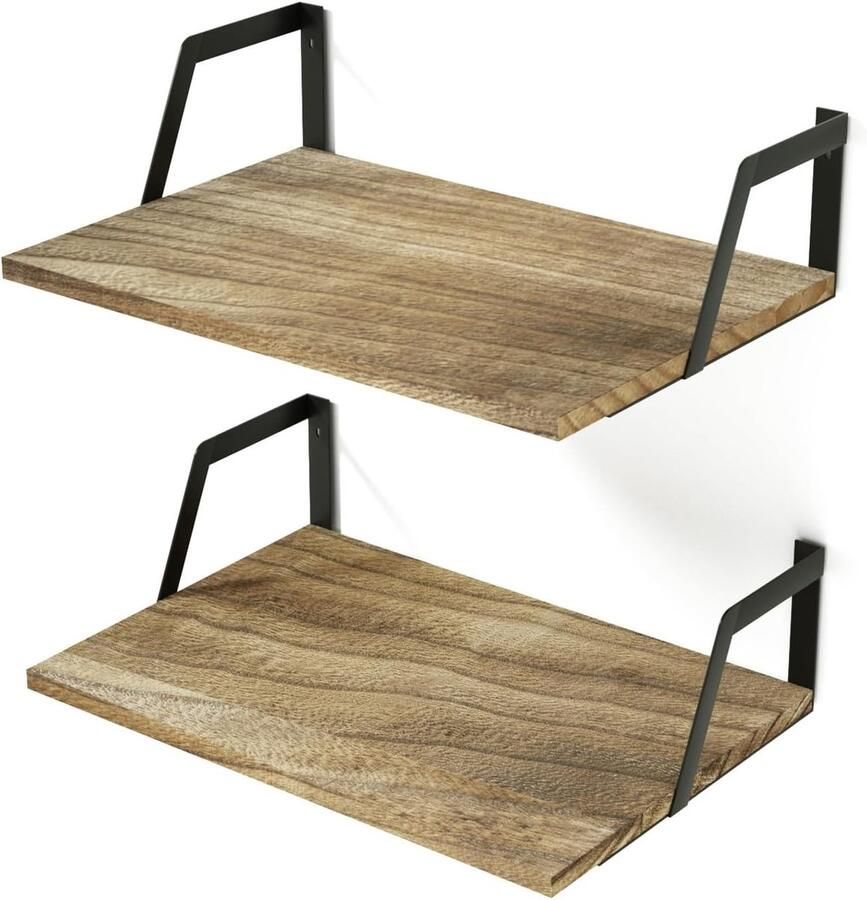 Houten en Metalen Wandrek 42x32x12 cm Modieuze Wandplanken voor Woonkamer Badkamer Slaapkamer en Keuken Set van 2