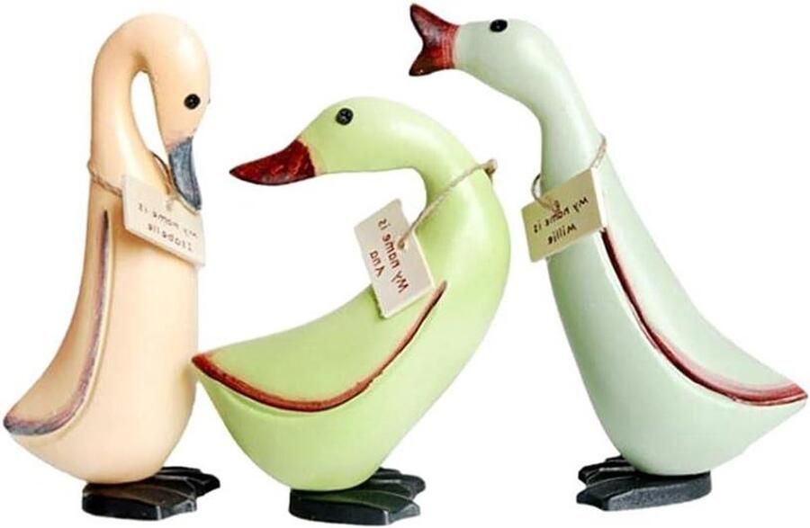 Inovra Plus Houten eendenfiguren 3 stuks handgemaakte eenden met bloemmotief en scherpe naamplaatjes voor decoratie op tafel of plank