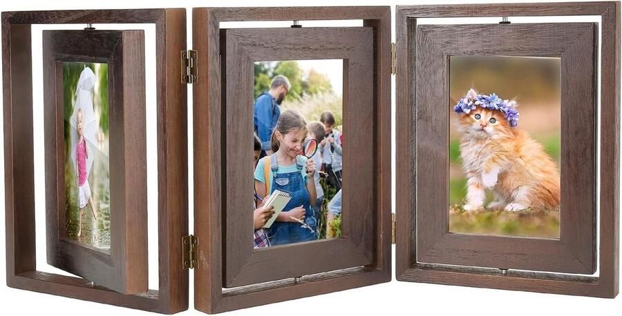 Houten Fotolijst 10x15 cm Vintage Rustiek Houten 3 Vouw Fotolijst met Dubbelzijdige Weergave Draaibaar Fotolijst Collage Verticaal op Tafel Muurbevestiging