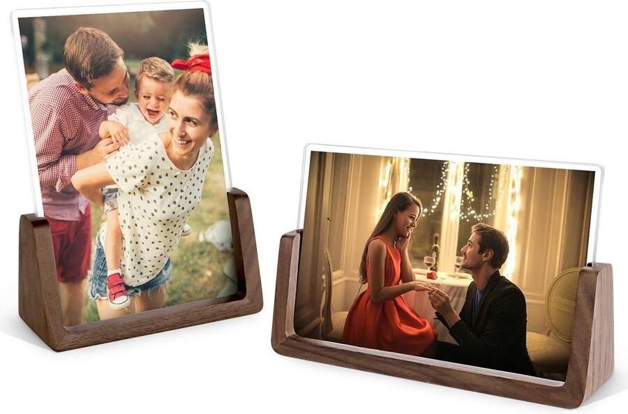 Houten fotolijst set met walnoothouten vloer 2 stuks transparante acryllijstafdekking bureau huis kantoor horizontaal verticaal 13 x 18 cm - Foto 2