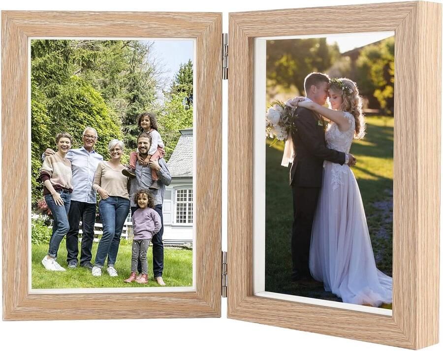 Houten fotolijst voor 2 foto's collage fotolijst geschikt voor bureau en familie 2 stuks lichtbruin hout 2 x 10 x 15 cm