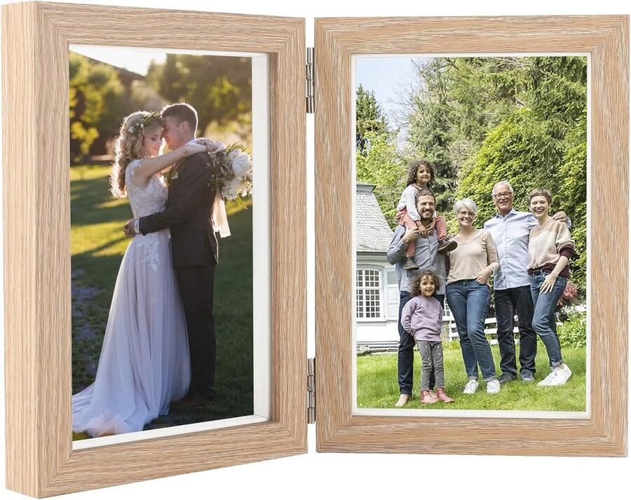 Houten fotolijst voor 2 foto's Opvouwbare collage fotolijst voor bureau of thuis (lichtbruin)