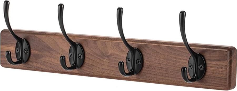 Houten garderobehaken met 4 haken Zwart Walnoothout en zinklegering 40 cm Wandgarderobe voor jassen en sjaals