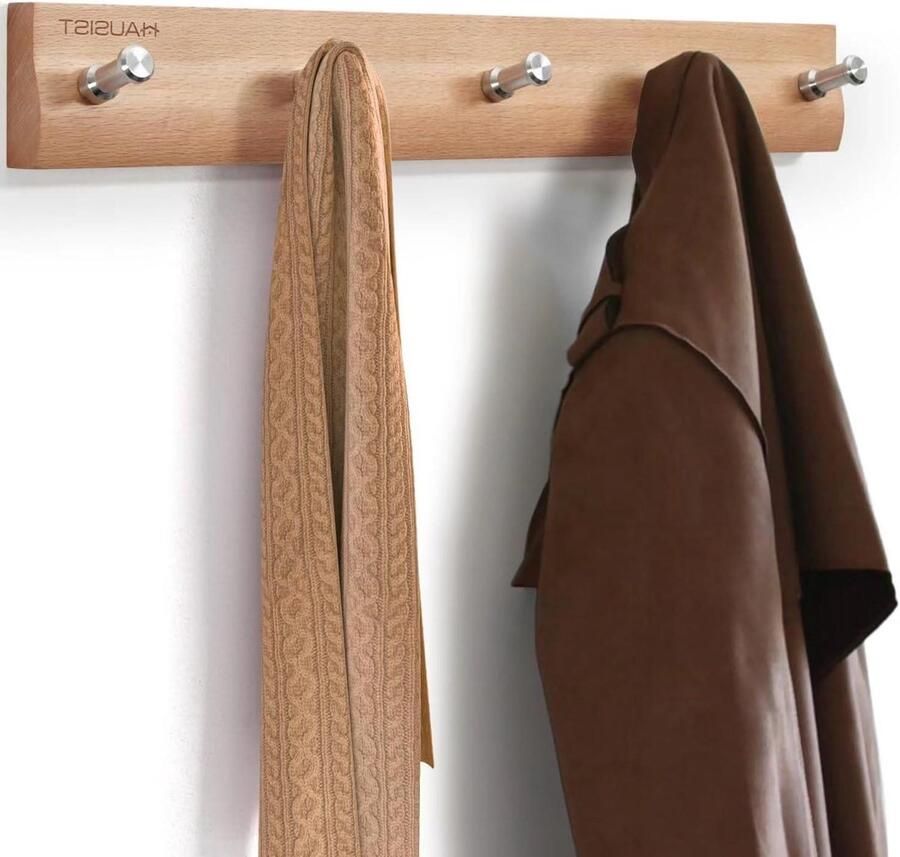 Wardrobe Hooks with 5 Stainless Steel Hooks (43 cm) Wall Coat Rack Solid Wood Holder Strip for Hallways Children's Room Bedroom and Bathroom (Beechwood)