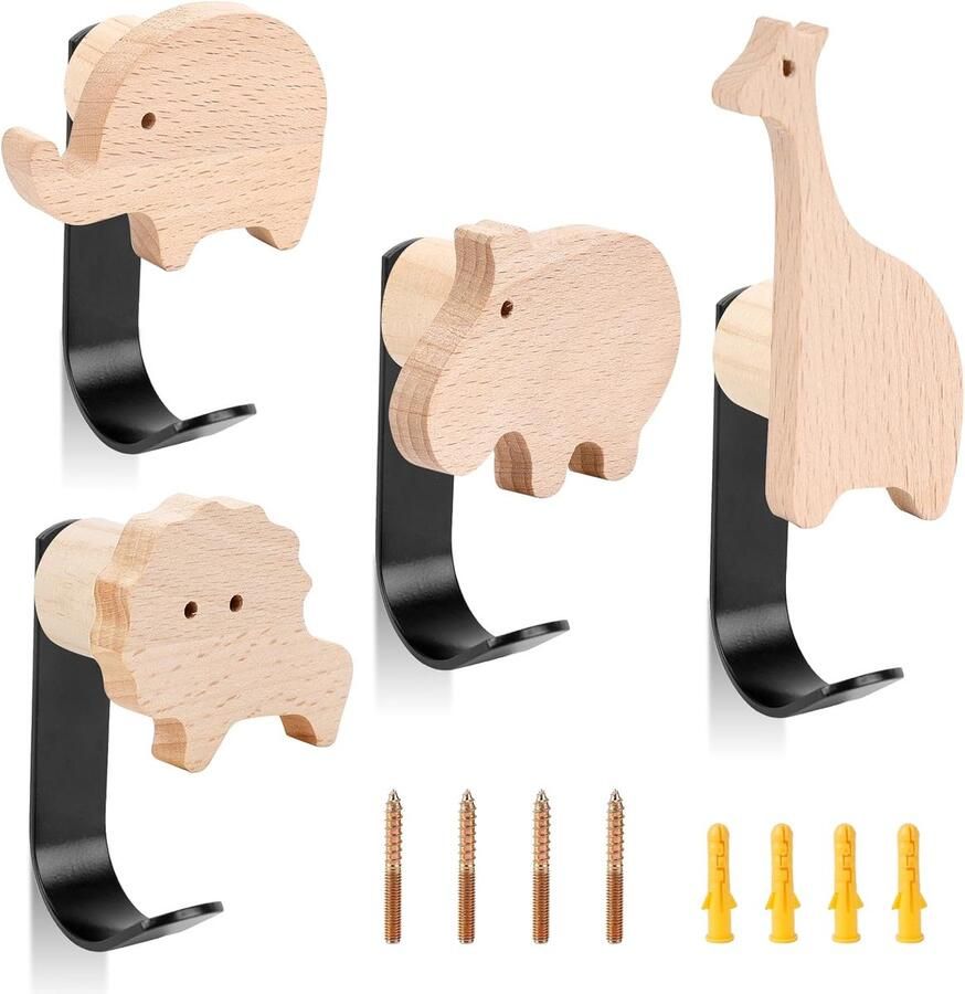 Houten Garderobehaken met Dieren 4 Stuks voor Kinderkamers