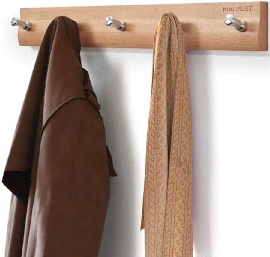 Houten Garderobehaken met Roestvrijstalen Haken Praktische Wandkapstok voor Hal Slaapkamer en Badkamer