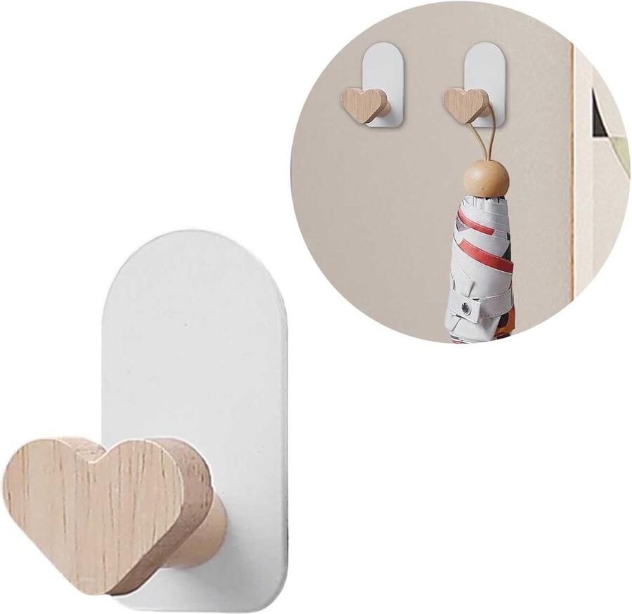 Houten haken Set van 2 kledinghaken zonder gaatjes Houten kapstokhaken Origineel hout met wit Liefdesvorm Wandkapstok Multifunctionele haken Wandhaken Zelfklevende haken Tassenhaken Kapstokhaken