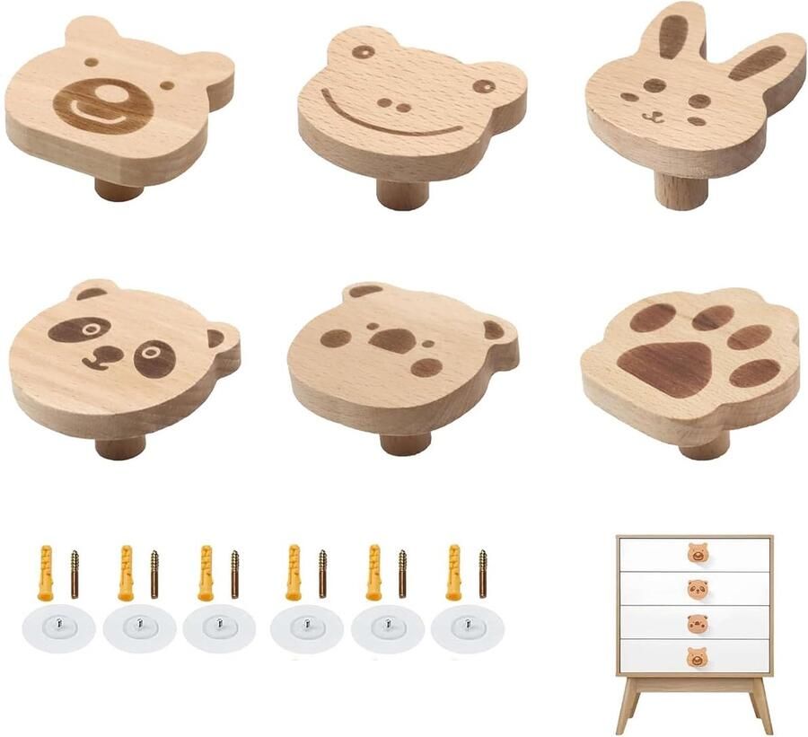 Houten Handgrepen Schattige Dierenmotieven Set van 6 Massief Hout