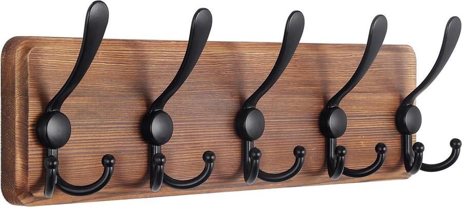 Wall Mounted Coat Rack Wooden Heavy Duty Rustic Hooks for Wall 40cm Hole to Hole with 5 Triple Hooks for Hanging Clothes Jacket Hat (Brown)