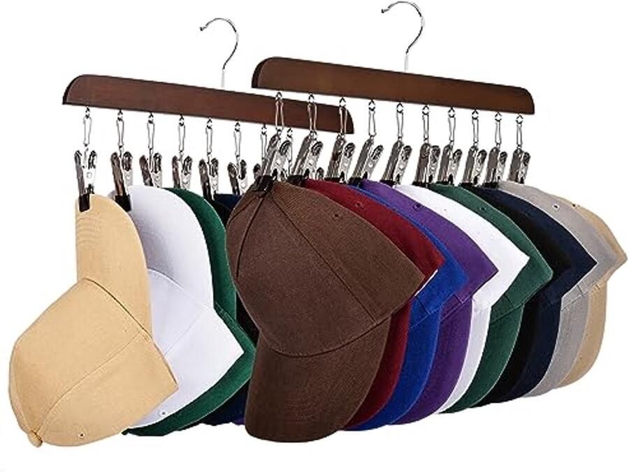 Houten Hoedenrek met 10 RVS Clips – 2 Stuks
