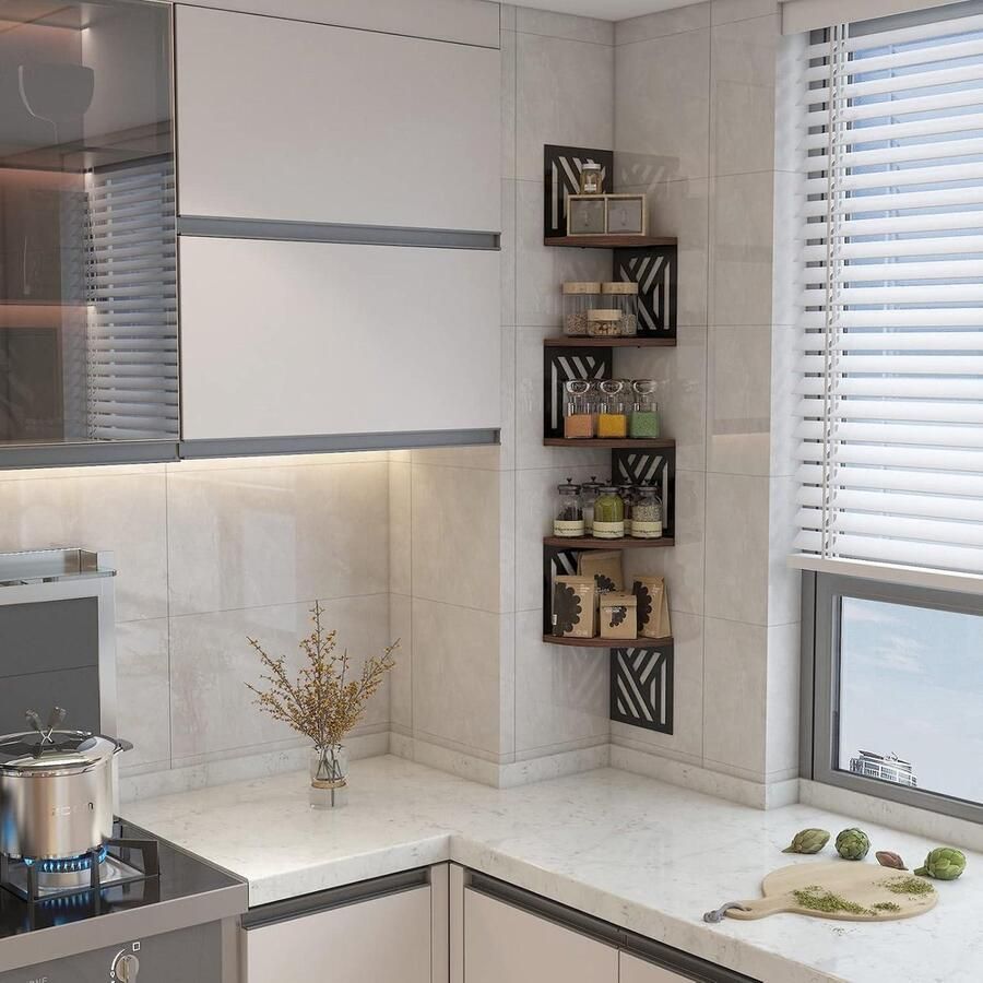 Houten hoekplank 5 niveaus geometrische vormen zwevend muur hoekplank boekenkast woonkamer slaapkamer badkamer (195 x 195 x 15 cm)