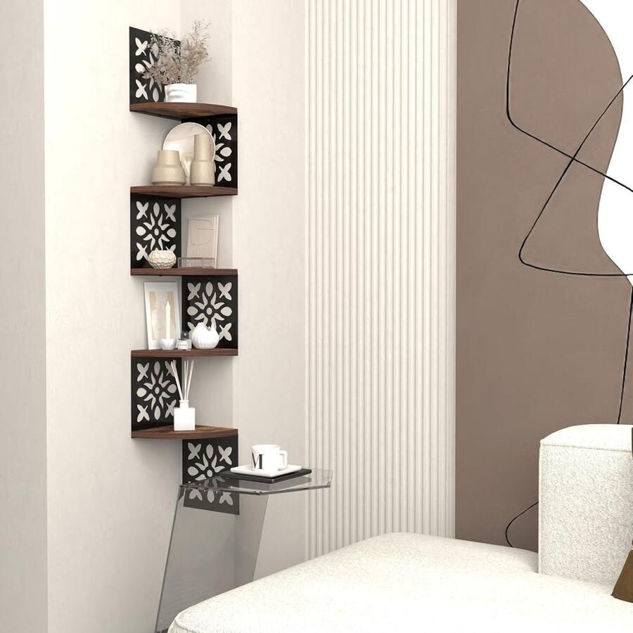 Houten hoekplank met 5 niveaus bloemvormige zwevende hoekplanken voor muur multifunctionele plank voor woonkamer slaapkamer en badkamer