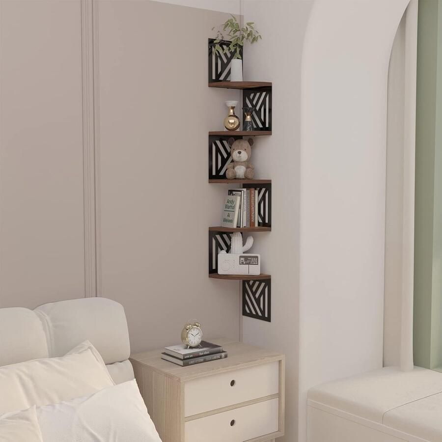 Houten hoekplank met 5 niveaus geometrische zwevende hoekplanken voor muur multifunctionele plank voor woonkamer slaapkamer en badkamer