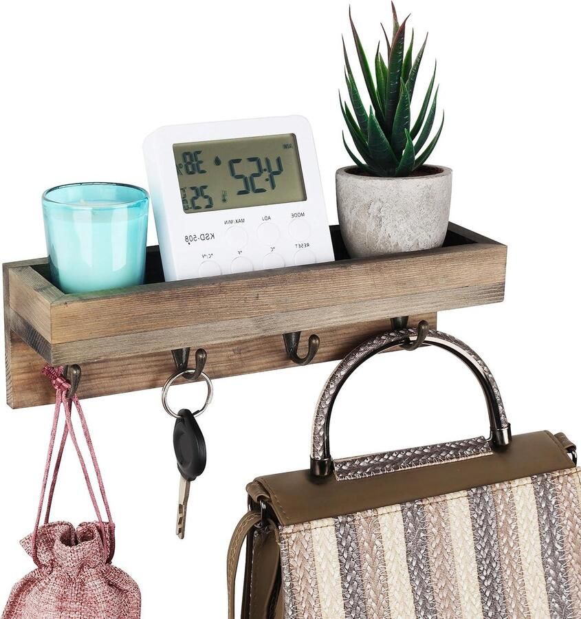 Houten Ingang Muur Plank Rek met 4 Kapstok Haken 255 cm Rustiek Zwevende Opslag Organiser Voor Jassen Sleutels & Hoeden Gebruik in Keuken Badkamer Hal & Slaapkamer kapstok hangend met plank