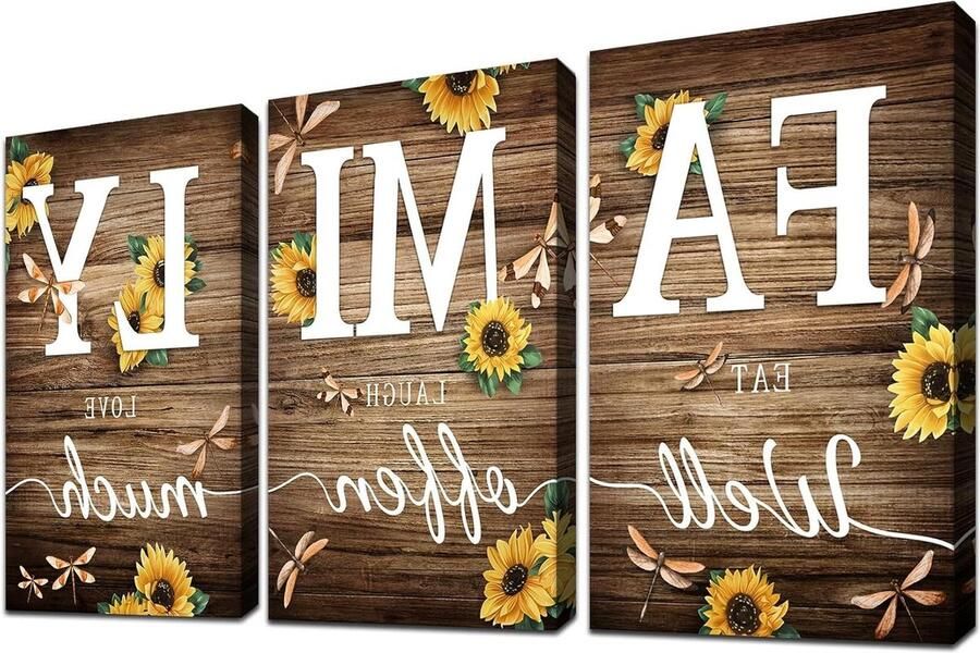 Houten ingelijst bruin houtnerf zonnebloem canvas muurkunst Inspirerende familie rustiek canvas schilderij 3 stuks Woonkamer slaapkamer keuken hal wanddecoratie 120 x 60 cm