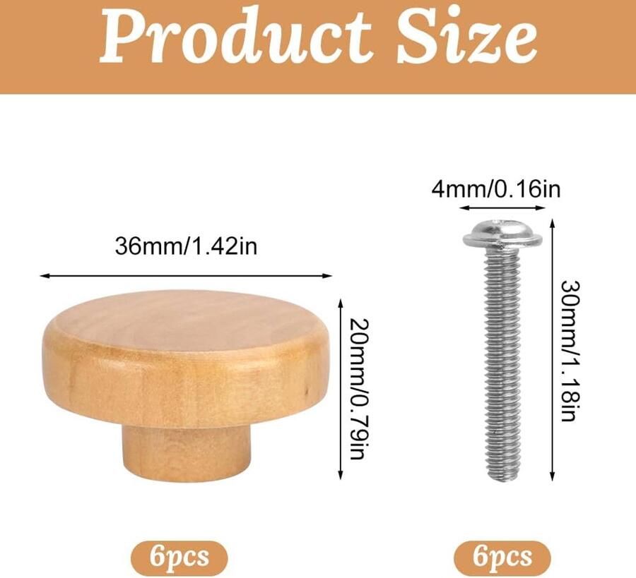 Houten Kabinet Knoppen Vintage Lade Knoppen Set van 6 Houtkleur 38mm