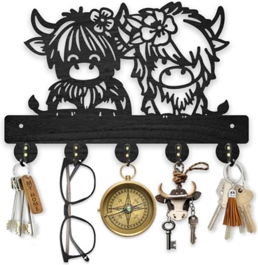 Houten Kalf Sleutelhouder voor Muur 30x20cm Dierlijke Wanddecoratie met 5 Haken voor Jassen en Sleutels