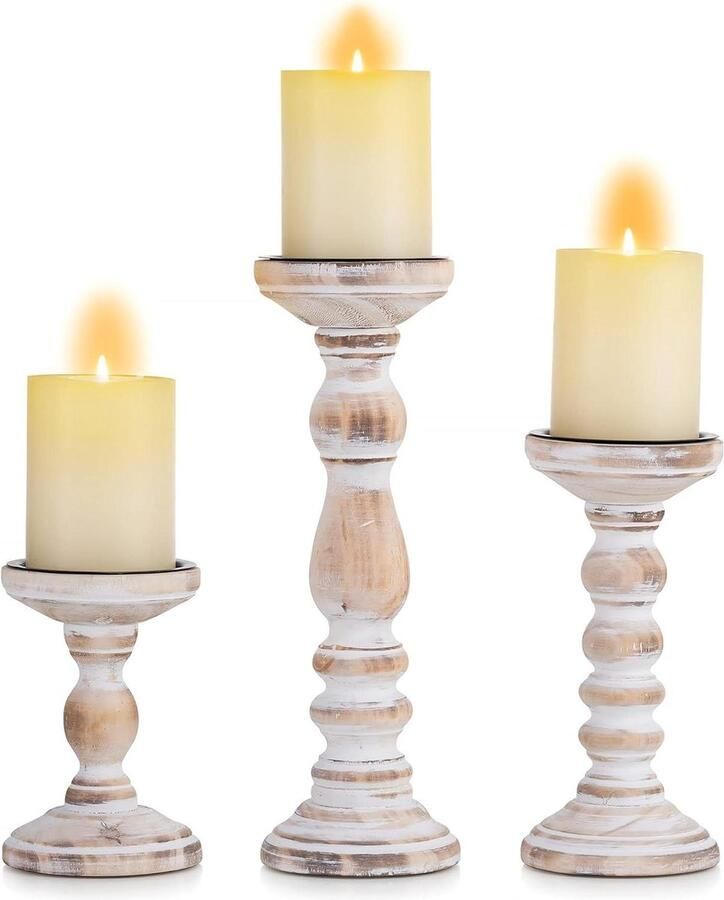 Houten kandelaars pijler set Rustieke witte shabby chique theelichthouders voor bruiloft Boerderij thuis kamer decor