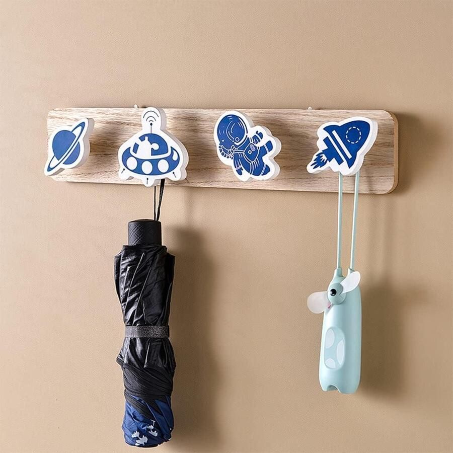 Houten Kapstok Kinder Garderobe met 4 Kledinghaken met Raket Astronaut Ruimteschip en Saturnus Patroon Ontwerpen Houten Wandhaken voor Kinderkamer Gang