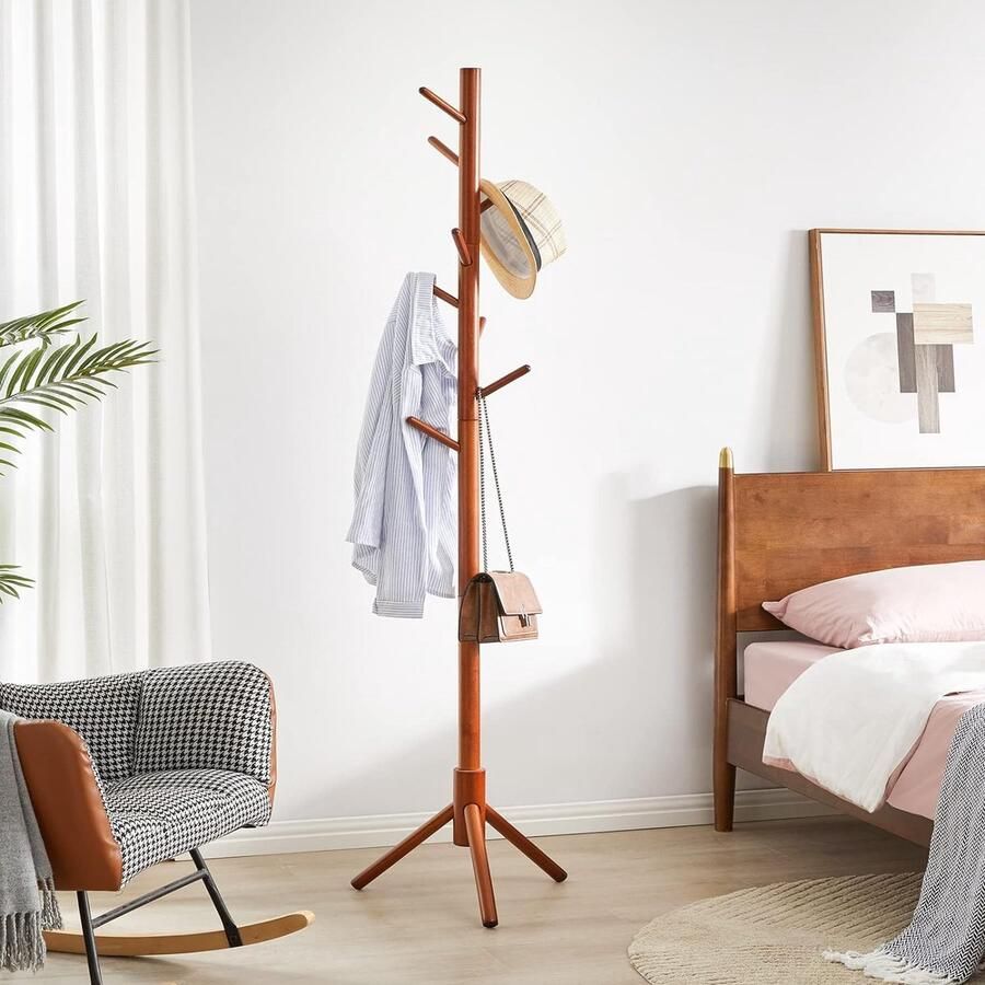 Houten kapstok kledingrek met 8 haken kapstok op voet eenvoudige montage voor hoed kleding handtas sjaals paraplu bruin