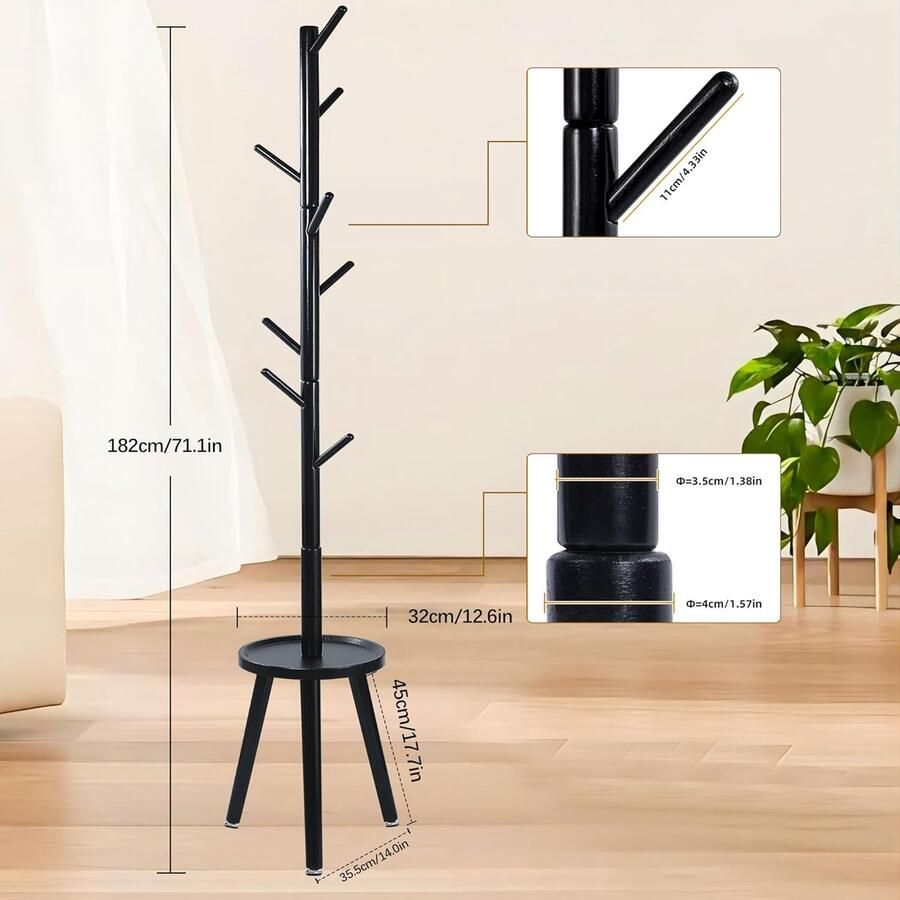 Houten kapstok kledingrek met plank kapstokboom voor kleding tassen hoeden hangerstandaard voor entree woonkamer slaapkamer kantoor 35 5*35 5*182CM zwart