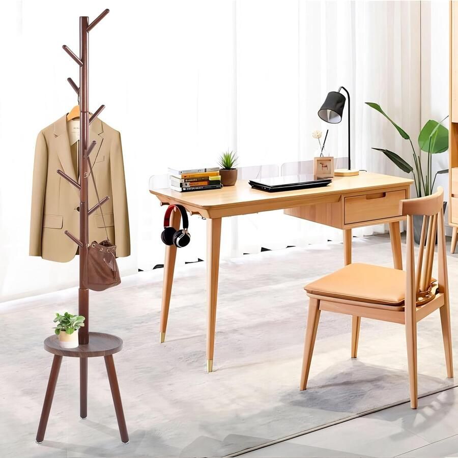 Houten kapstok kledingrek met plank kapstokboom voor kleding tassen hoeden hangerstandaard voor entree woonkamer slaapkamer kantoor 35 5 * 35 5 * 182 cm bruin