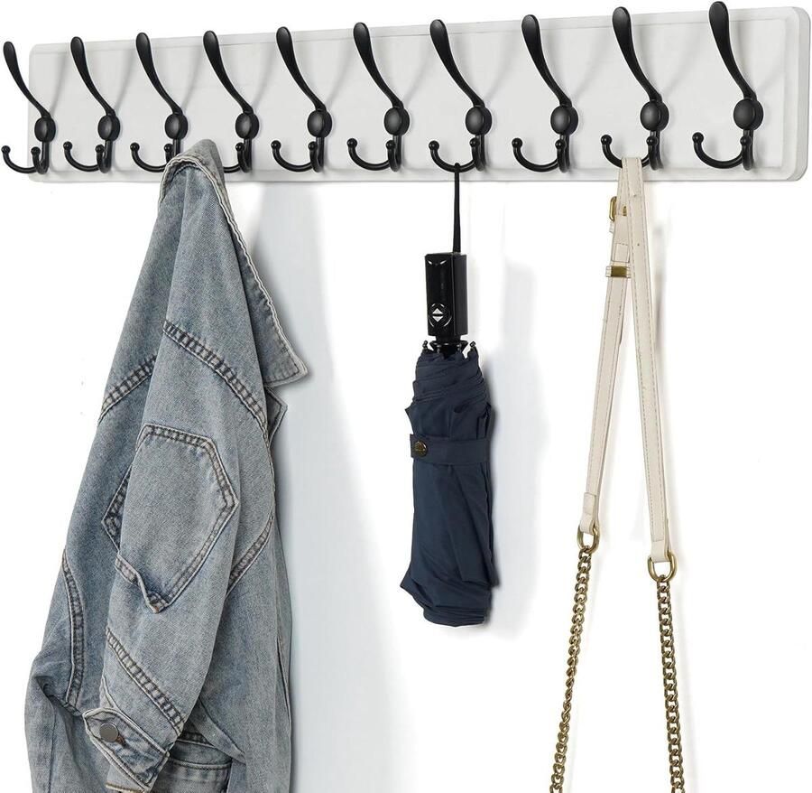 Houten Kapstok met 10 Triple Haken voor Kleding Mantels Hoeden Jassen en Rugzakken Wandkapstok voor Wasruimte Slaapkamer Keuken