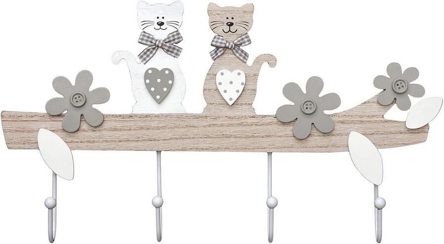 Houten Kapstok met 4 Haken voor Jassen en Sleutels Wandgemonteerd met Kat Ontwerp