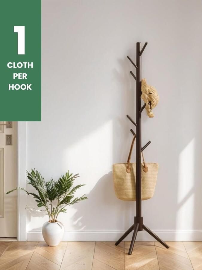 Houten Kapstok met 8 Haken voor Jassen Hoeden en Tassen