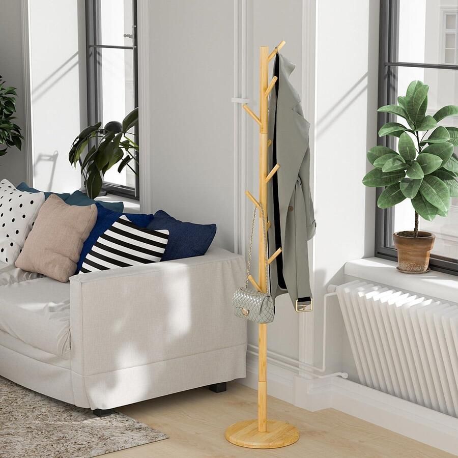 Houten kapstok met 9 haken en 4 verstelbare hoogtes Kledingstandaard voor jassen tassen en kledingstukken