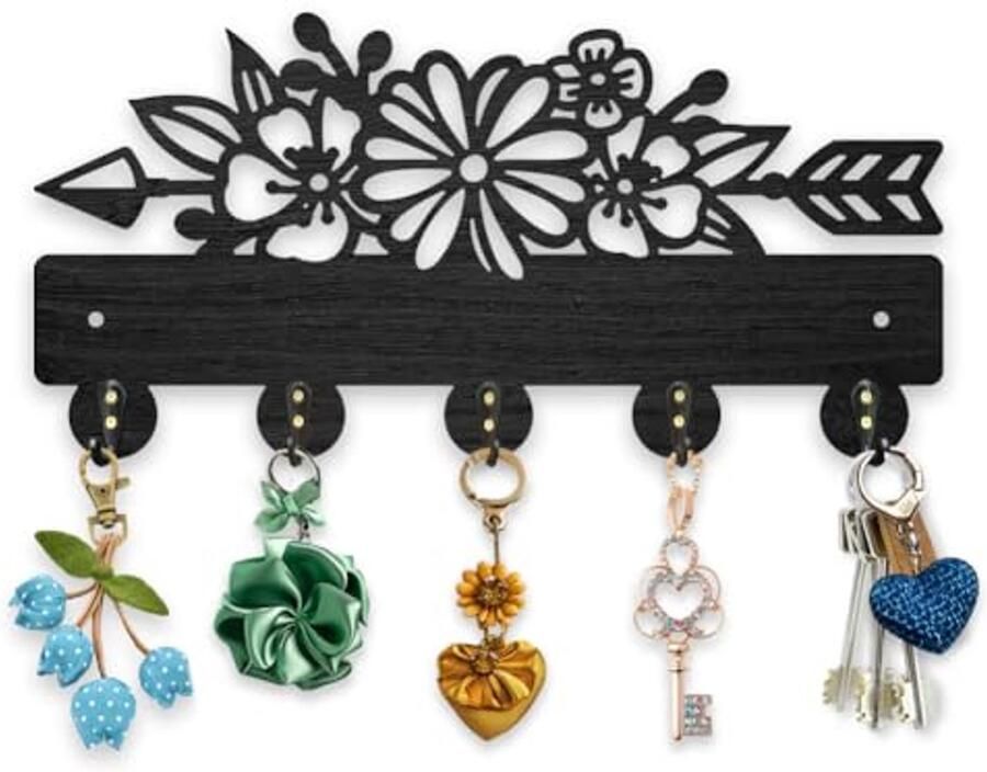 Houten Kapstok met Bloemen Design en 5 Haken voor Wandmontage