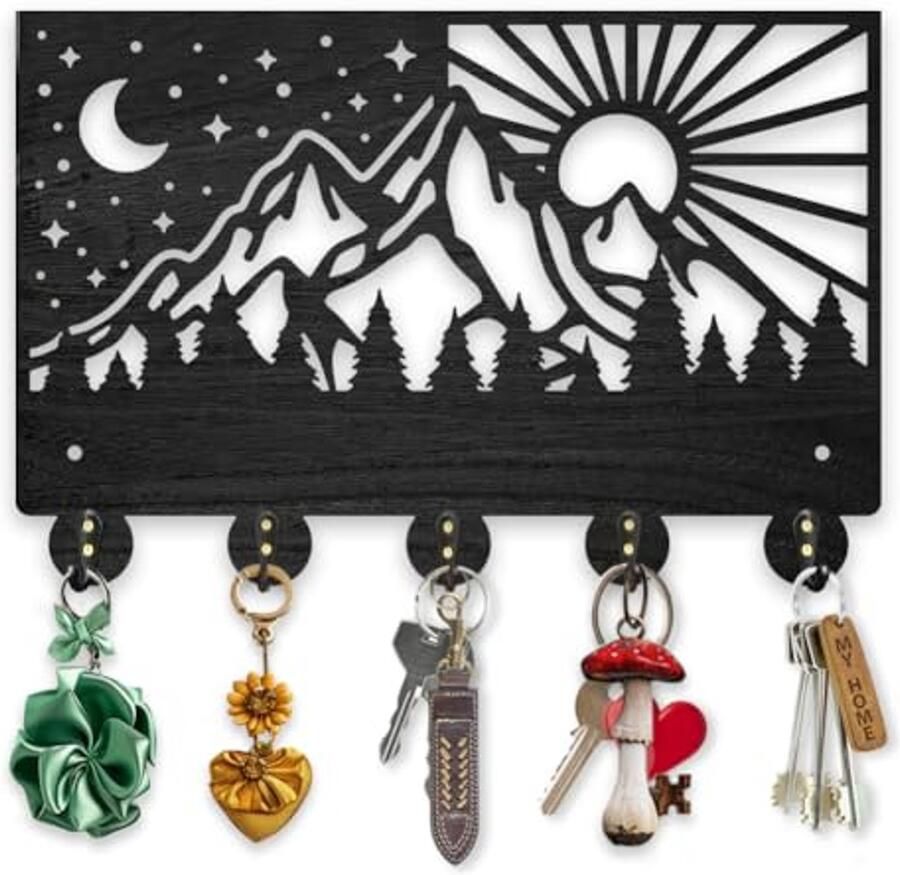 Houten kapstok met maan en zon patroon voor wandmontage 30 x 20 cm met 5 haken voor slaapkamer keuken en entree