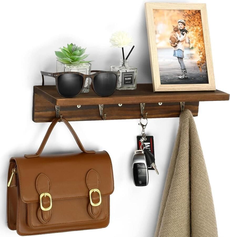Houten kapstok met plank Wandmontage Vintage metalen haken Opslag Entree Woonkamer Badkamer Keuken kapstok hangend met plank