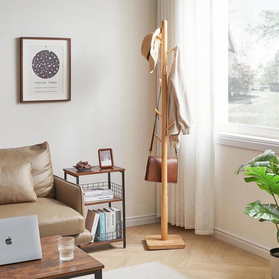 Houten kapstok standaard vrijstaande boom met 8 haken jassen hoed handtas paraplu kantoor hal 29 x 29 x 176 cm natuurlijk