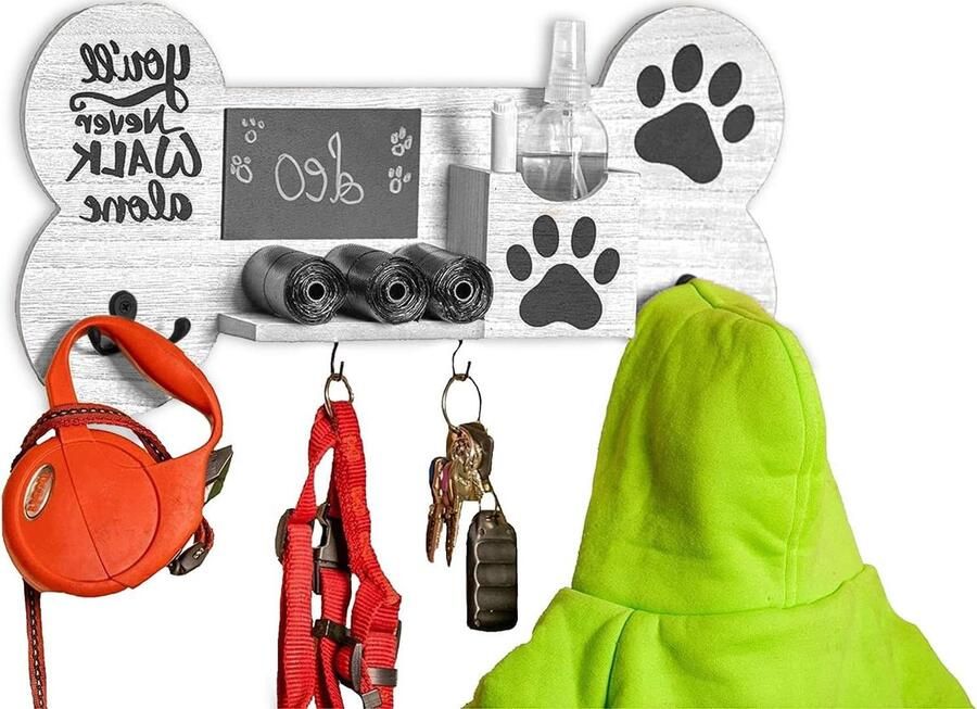 Houten Kapstok voor het Ordenen van Lijnen en Accessoires voor Honden Personaliseerbaar met Vintage Wit Bord