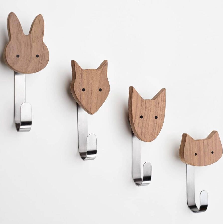 Houten kapstok voor kinderen in dierenvormen wandhaken garderobe kinderkamer dieren hond kat vos haas decoratie (walnoot incl. 4 metalen haken)
