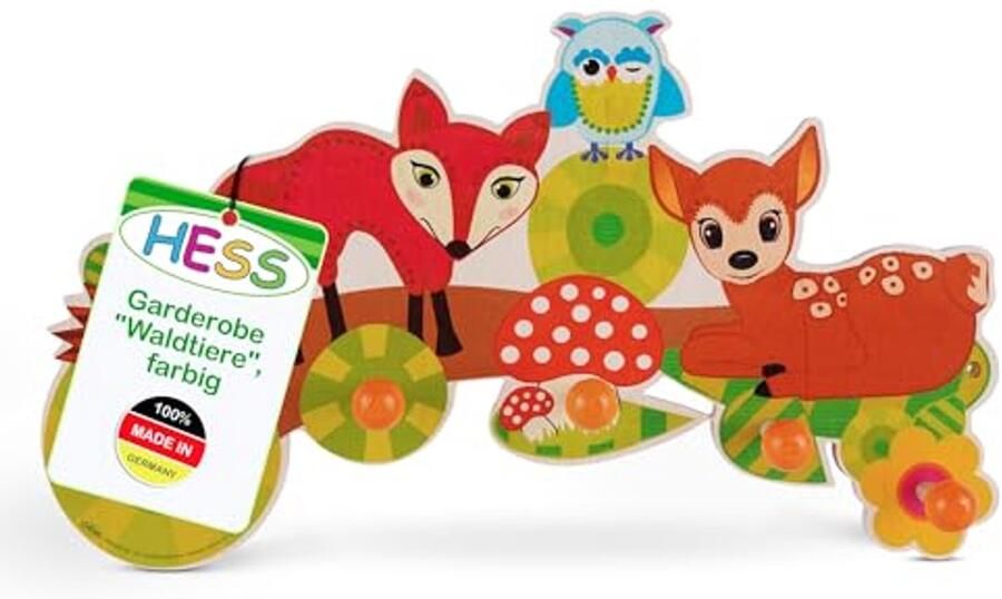 Houten kapstok voor kinderen met bosdieren wandgarderobe met 5 haken handgemaakt kleurrijk ontwerp