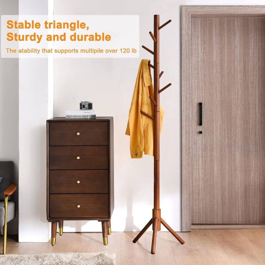 Houten kapstok vrijstaand Entryway Hall Tree Coat Tree verstelbare kapstok met 8 haken voor thuis of op kantoor kleding sjaals handtassen bruin