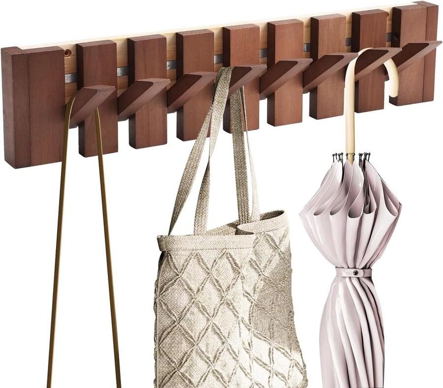 Allecto Plus Wandkapstok van natuurlijk hout met pianohaak 8 haken voor jassen sleutels tassen Voor entree badkamer slaapkamer keuken 55 x 12 x 36 cm