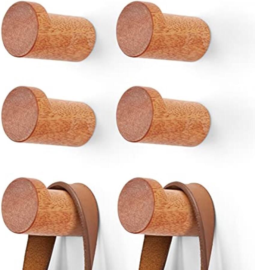 Houten Kapstok Wandmontage Set van 6 Hoedenhaken Multifunctionele Wandhaak voor Hoed Handdoek en Tas in Bruin
