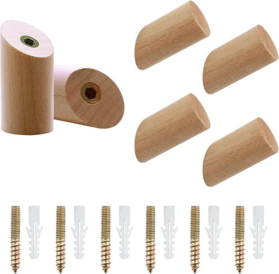 Houten Kapstok Haken Set van 6 Muur Gemonteerde Houten Haken voor Kleding en Handdoeken 3x6 cm Opbergoplossing voor Tassen of Sjaals